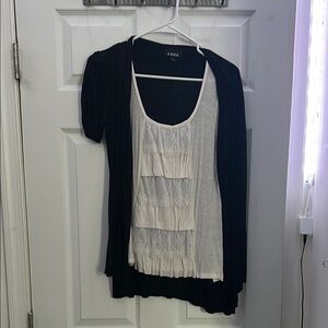 Byer California Faux Two-Piece Black Cardigan Top – Built-In White Tank Layer